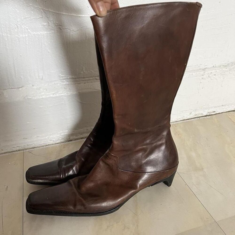 Vintage brown leather pointed boots kitten heel Narrow